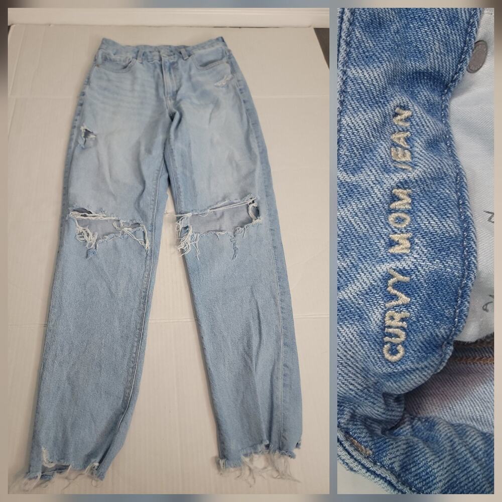 AMERICAN EAGLE Jeans 6 Long Curvy Mom High Rise Tapered Distressed Strigid